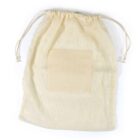 A beige drawstring mesh bag with a small rectangular pocket on the front. The bags texture is woven and it appears lightweight, suitable for storing or carrying items.