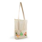 A beige mesh tote bag with long handles, featuring multicolored fruit illustrations and a green logo that reads APISERV APPLEBEE. The bag is displayed against a plain white background.