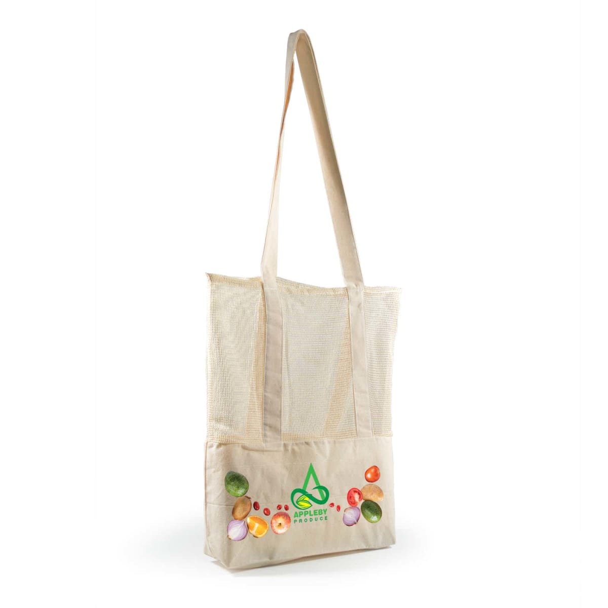 A beige mesh tote bag with long handles, featuring multicolored fruit illustrations and a green logo that reads APISERV APPLEBEE. The bag is displayed against a plain white background.