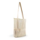 A beige, mesh tote bag with solid fabric bottom and long handles. The upper portion is made of mesh material. The bag is standing upright against a white background.