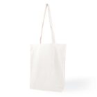 A plain white tote bag with long handles, standing upright against a white background. The bags surface appears smooth and unadorned.