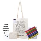 A canvas tote bag with a line drawing for coloring, featuring the words PLAY SAFE and children playing. Includes a set of eight colorful crayons and a small pouch into which the bag folds.