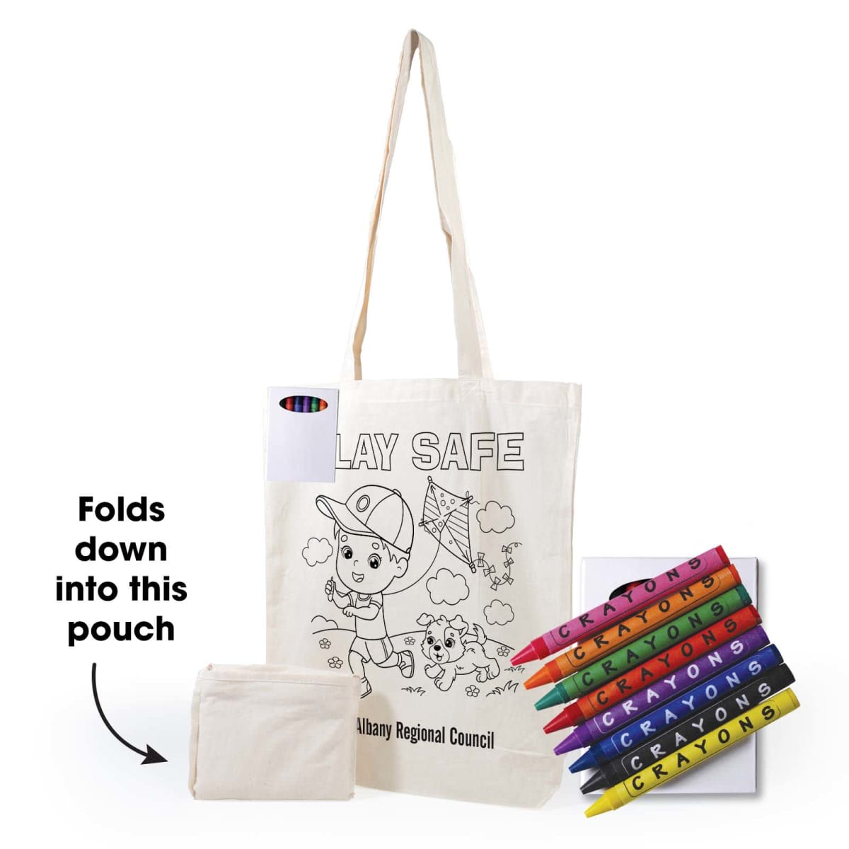 A canvas tote bag with a line drawing for coloring, featuring the words PLAY SAFE and children playing. Includes a set of eight colorful crayons and a small pouch into which the bag folds.