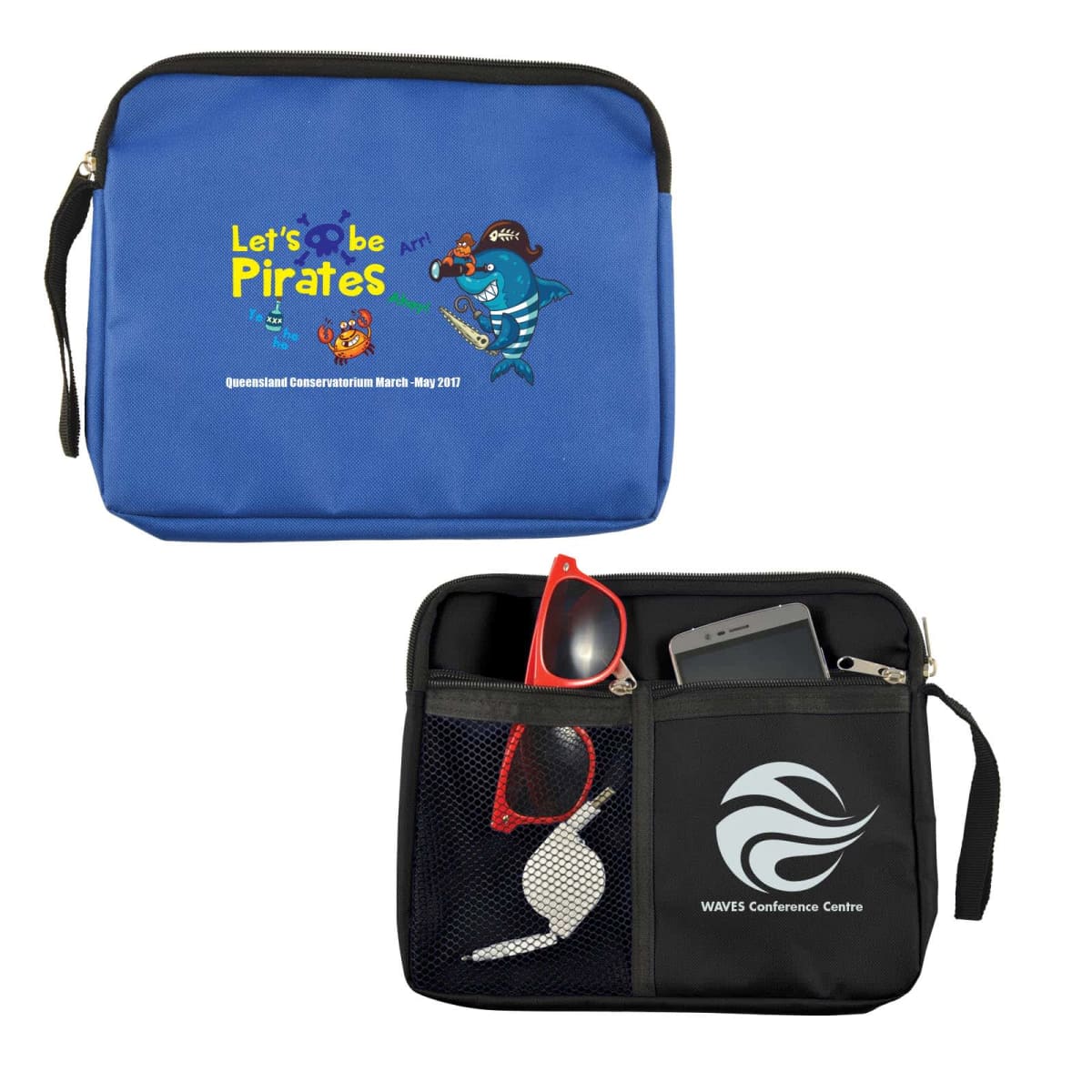Two zippered pouches are shown. The blue pouch has a cartoon pirate fish design and text, while the black one, labeled WAVES Conference Centre, contains sunglasses, a smartphone, and earphones in mesh pockets.