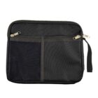 A black zippered organizer pouch with a wrist strap. It features two outer zip pockets and a mesh pocket on the left side. The main compartment is closed with double zippers.