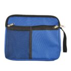 A blue zippered bag with black mesh and solid pockets on the front. It has two zippers and a black strap on the side.