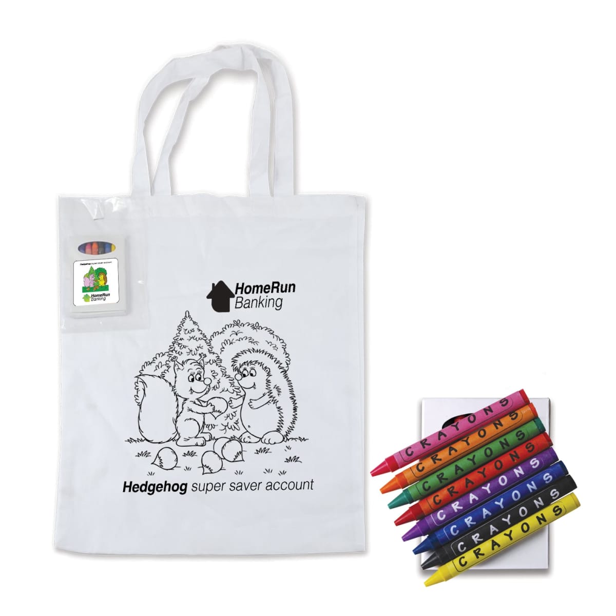 A white tote bag with cartoon hedgehogs labeled Hedgehog super saver account and HomeRun Banking printed on it. Alongside are an eight-pack of crayons and a small booklet of four crayons.