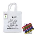 A white tote bag with a black outline of hedgehogs gardening, text Hedgehog super saver account and HomeRun Banking. A small case with crayons is attached. Eight crayons in different colors are placed next to the bag.