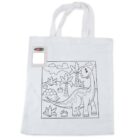 A white tote bag with a dinosaur coloring outline on the front. The drawing includes trees and clouds in the background. A small pack of colored pencils is attached to the top left corner of the bag.