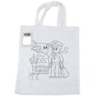 A white tote bag features a line drawing of a pilot with a suitcase standing near an airport runway. A cartoon airplane with a smiling face flies overhead. The bag comes with a set of crayons for coloring the illustration.