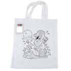 A white tote bag featuring an outline drawing of a cheerful pirate sitting on treasure chests by the sea, surrounded by waves and seagulls. The bag includes a pack of colored markers for personalization.