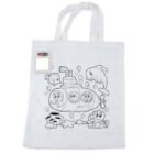 A white tote bag with a black and white illustration of a submarine and sea animals, including a fish, dolphin, and octopus. A pack of colored pencils is attached to the bags upper left corner.