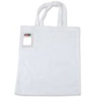 A plain white canvas tote bag with two handles, featuring a small rectangular tag attached near the top. The tag has a multicolored striped design on its upper section.