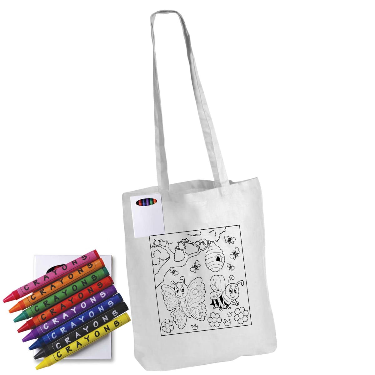 A white tote bag with a black outline drawing of a butterfly, bee, flowers, and clouds for coloring. Beside the bag, there are eight crayons in various colors and a separate folded page with a crayon box graphic.
