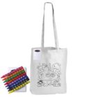 A white tote bag with a black outline drawing of a submarine, fish, and sea animals. Next to it is a pack of eight colored crayons.