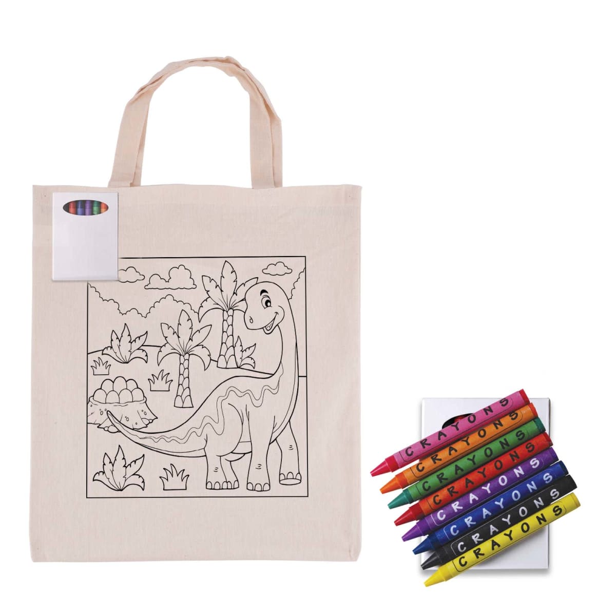 A fabric tote bag with a black outline drawing of a dinosaur and plants, accompanied by a set of colorful crayons, each labeled CRAYONS.