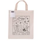 A canvas tote bag featuring a black-and-white outline of a bee and a butterfly among flowers, bees, and a hive. It includes a packet of colored markers for personalizing the design.