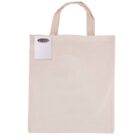 A plain beige tote bag with two handles is shown. Attached to the top left is a small, white rectangular card featuring an oval cutout. Through the cutout, several colored pencils are partially visible.