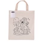A tote bag featuring an outline drawing of a pirate with an eye patch and hook hand, sitting beside a treasure chest. A set of colored markers is attached to the bag for coloring.