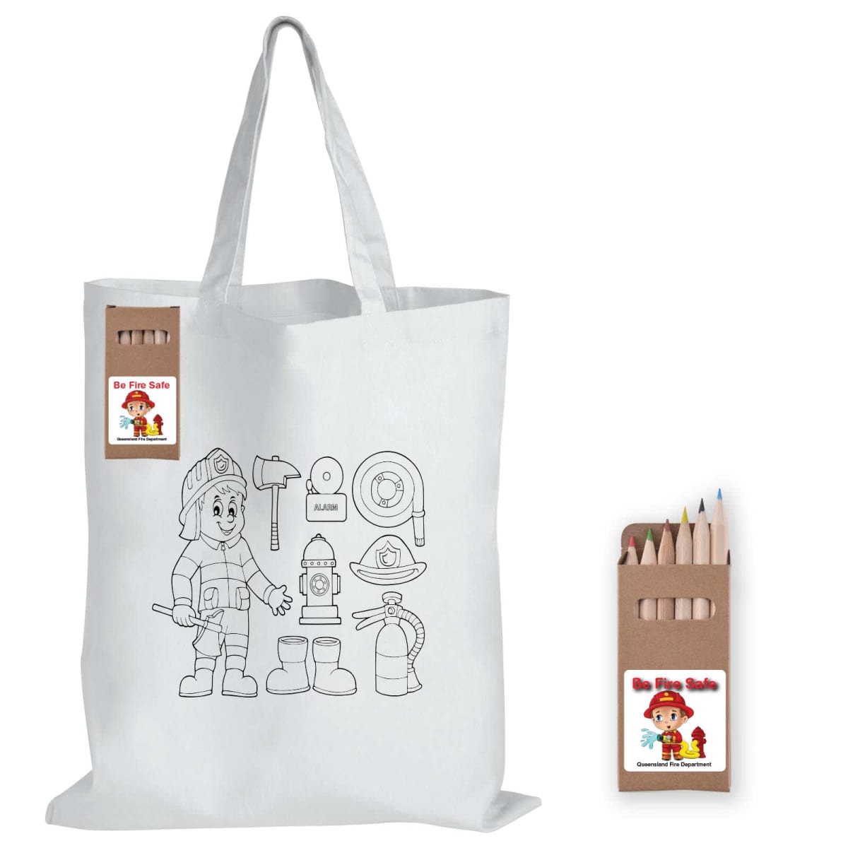 White tote bag with a fire safety coloring book design showing a cartoon firefighter and fire equipment. Accompanied by a set of colored pencils in a brown box labeled Be Fire Safe, featuring the same cartoon firefighter.