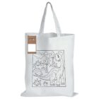 A white tote bag featuring an outlined illustration of a dinosaur standing among palm trees and foliage. The design is simple with thick black lines, resembling a coloring book style. A small cardboard tag is attached to the handle.