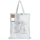 White tote bag with a black outline illustration of a cartoon pilot holding a suitcase beside a smiling airplane. Background includes an airport control tower, terminal, and clouds. A small brown tag is attached to the handle.