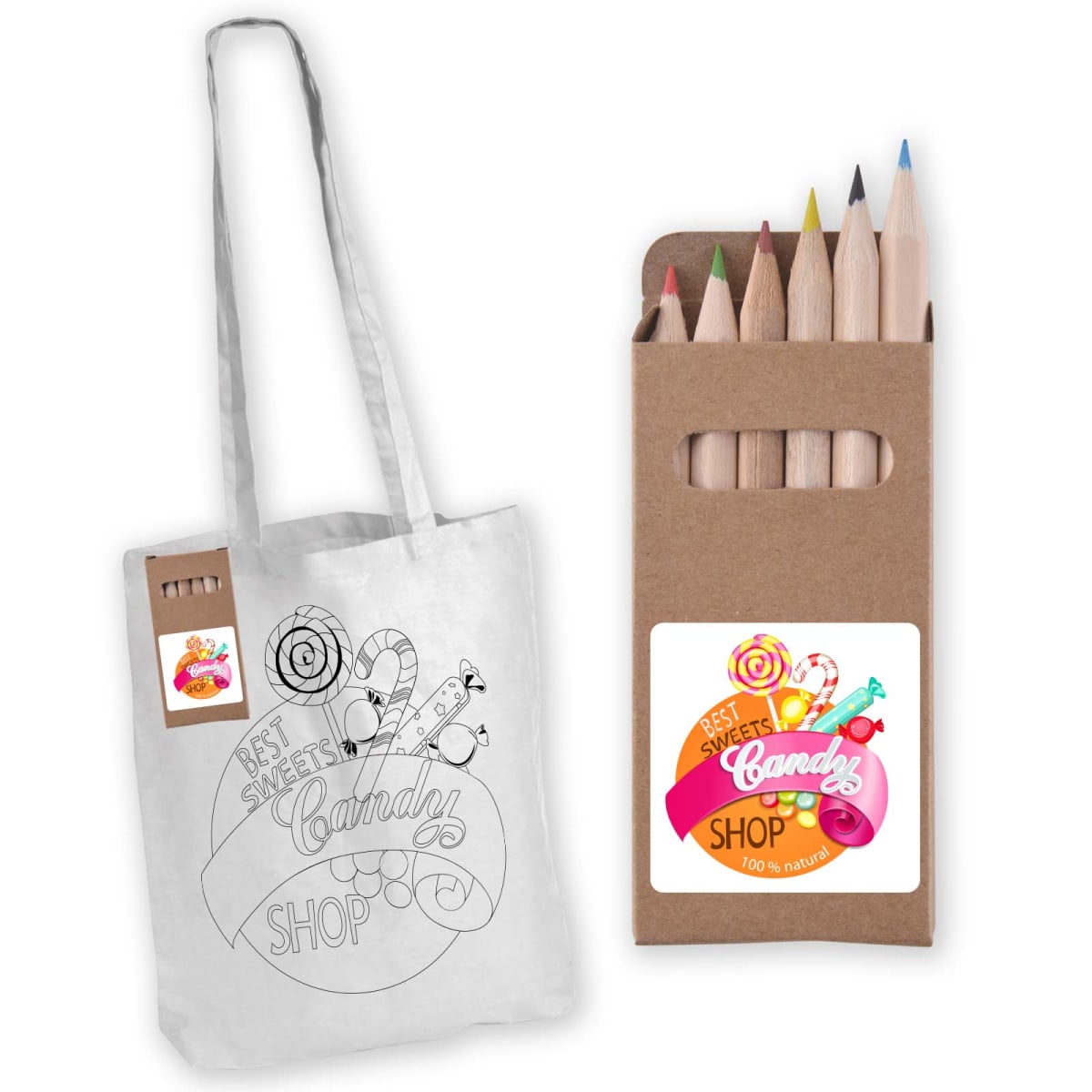 A white tote bag with a candy-themed design next to a brown box of assorted colored pencils. The bag and the box both feature similar candy shop logos with lollipops and the text Best Sweets Candy Shop.
