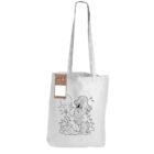 White tote bag with a black outline drawing of a pirate sitting on a beach, surrounded by waves and a treasure chest. A cardboard tag hangs from the handle, holding a set of crayons.