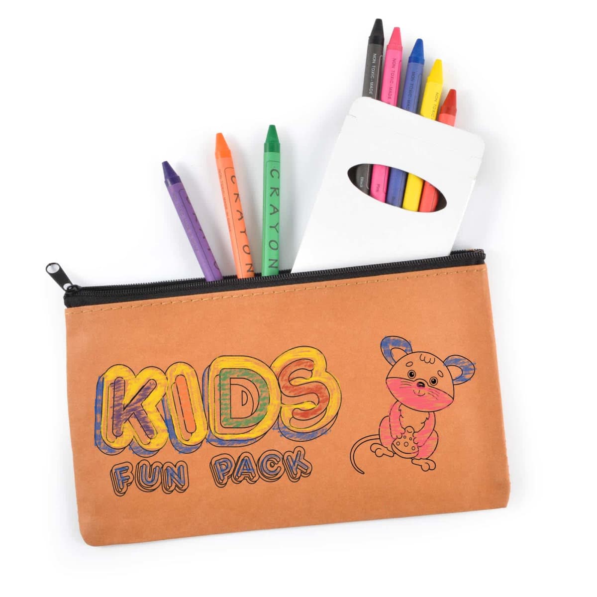 A brown pencil case with Kids Fun Pack and a cartoon animal design is unzipped, revealing several colorful crayons inside, along with a white crayon box showing more crayon tops.