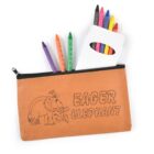 A tan pencil case with a cartoon elephant wearing a hat, labeled Eager Elephant. The case is unzipped, revealing colorful crayons, including pink, green, orange, and blue.