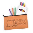 A brown pencil pouch with black outlines of two hippos and the text Happy Hippo. Six colorful crayons, including red, orange, blue, green, yellow, and pink, are partially inside the pouch, with a white crayon box visible.