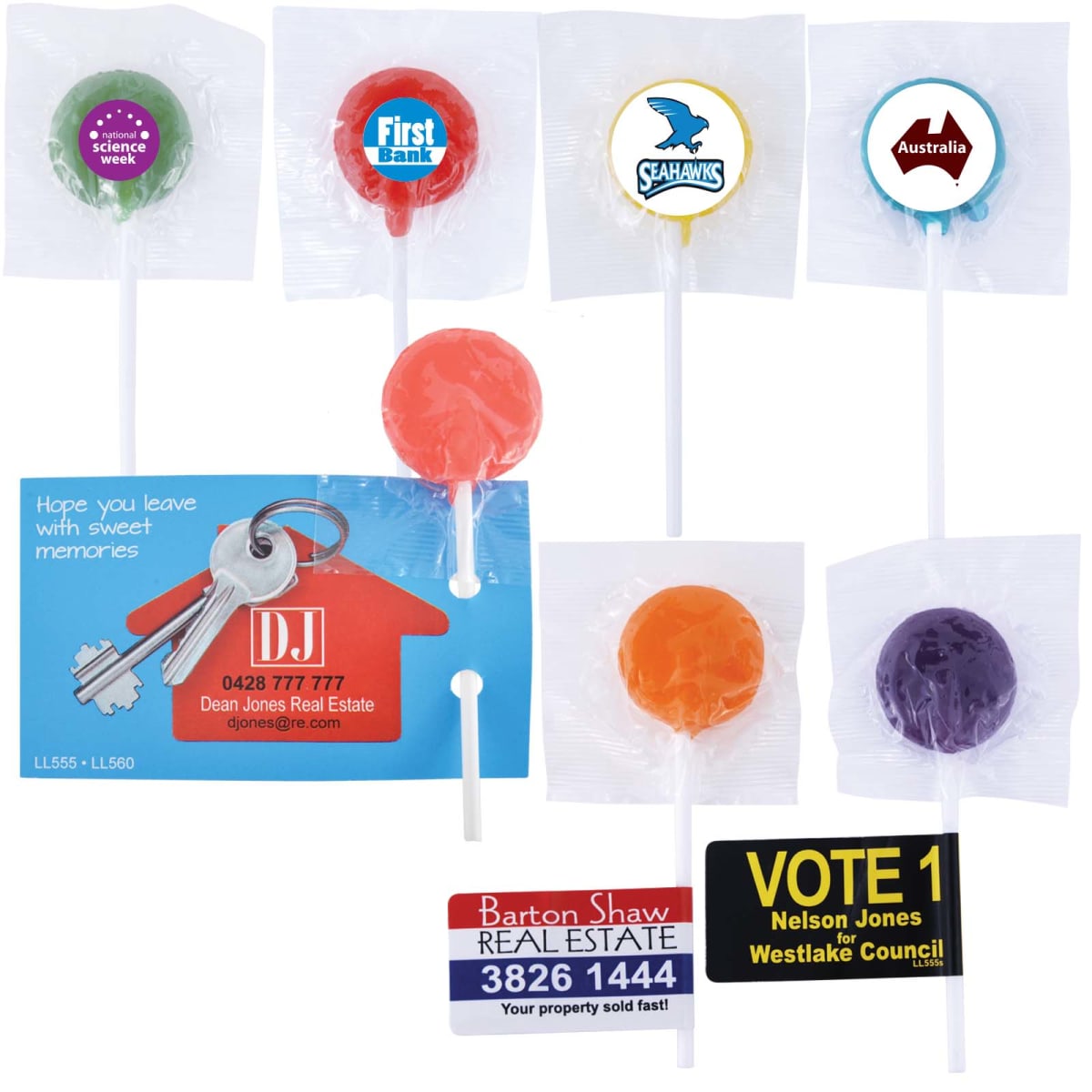 A collection of lollipops with various brightly colored wrappers, each displaying different logos and text, including a real estate card with keys and a vote card. The lollipops are red, orange, and purple.