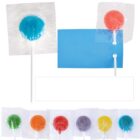 Four lollipops in individual wrappers are partly opened, revealing blue, red, orange, and green lollipops. Below are six wrapped lollipops in orange, red, green, purple, yellow, and blue, all on white sticks. A blue and a white rectangle are in the background.