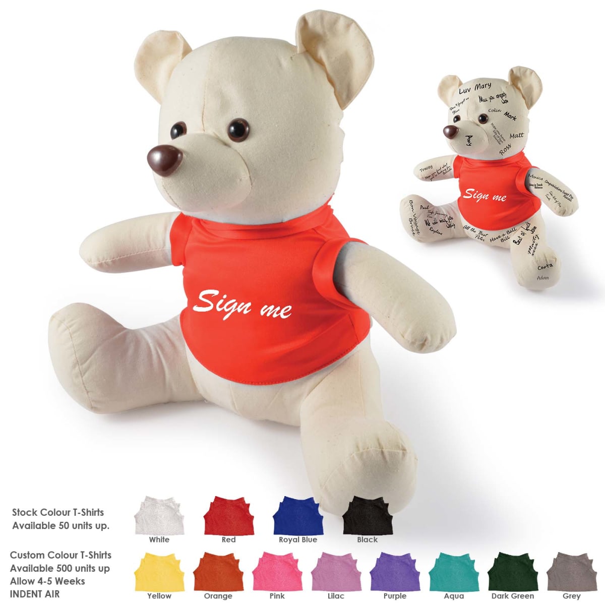 Two teddy bears wearing red shirts, with one featuring signatures and the phrase Sign me. Below are color swatches for customizable shirts in white, red, royal blue, black, yellow, orange, pink, lilac, purple, aqua, dark green, and grey.
