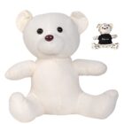 Two teddy bears are shown: a large white one with dark eyes and a nose, and a smaller white bear with text patterns wearing a black t-shirt that says sign me. They are positioned with the small bear appearing behind and to the right of the larger one.