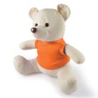 A beige teddy bear wearing an orange shirt sits with its legs spread and arms extended. It has round eyes, a brown nose, and large ears. The bear is positioned against a plain white background.
