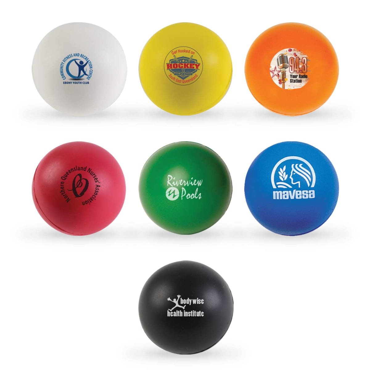 Seven colored stress balls with various logos. Top row: white, yellow, orange. Bottom row: red, green, blue, black. Each ball features distinct branding designs and text.