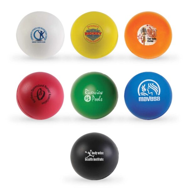 Seven colorful stress balls with various logos and text. Top row: white, yellow, and orange balls. Bottom row: red, green, blue, and black balls. Each ball features a unique design or company name.