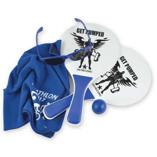 A set of two white table tennis paddles with Get Pumped and a winged weightlifter design, blue handles, a blue ball, blue sunglasses, and a blue towel with white text, arranged together.