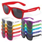 A collection of sunglasses with the EcoEnergy logo on the arms. They come in various colors: red, white, orange, yellow, pink, purple, blue, green, and black. They have dark lenses and a classic frame design.