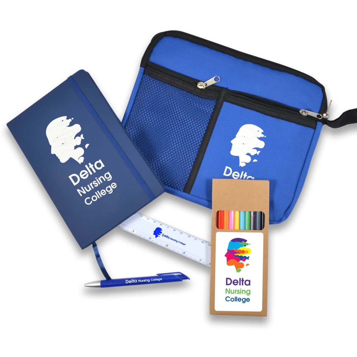 A collection of Delta Nursing College branded items: a blue notebook, a zipped pouch with mesh pockets, a pen, a ruler, and a brown box of colored pencils, all featuring the colleges logo and name.