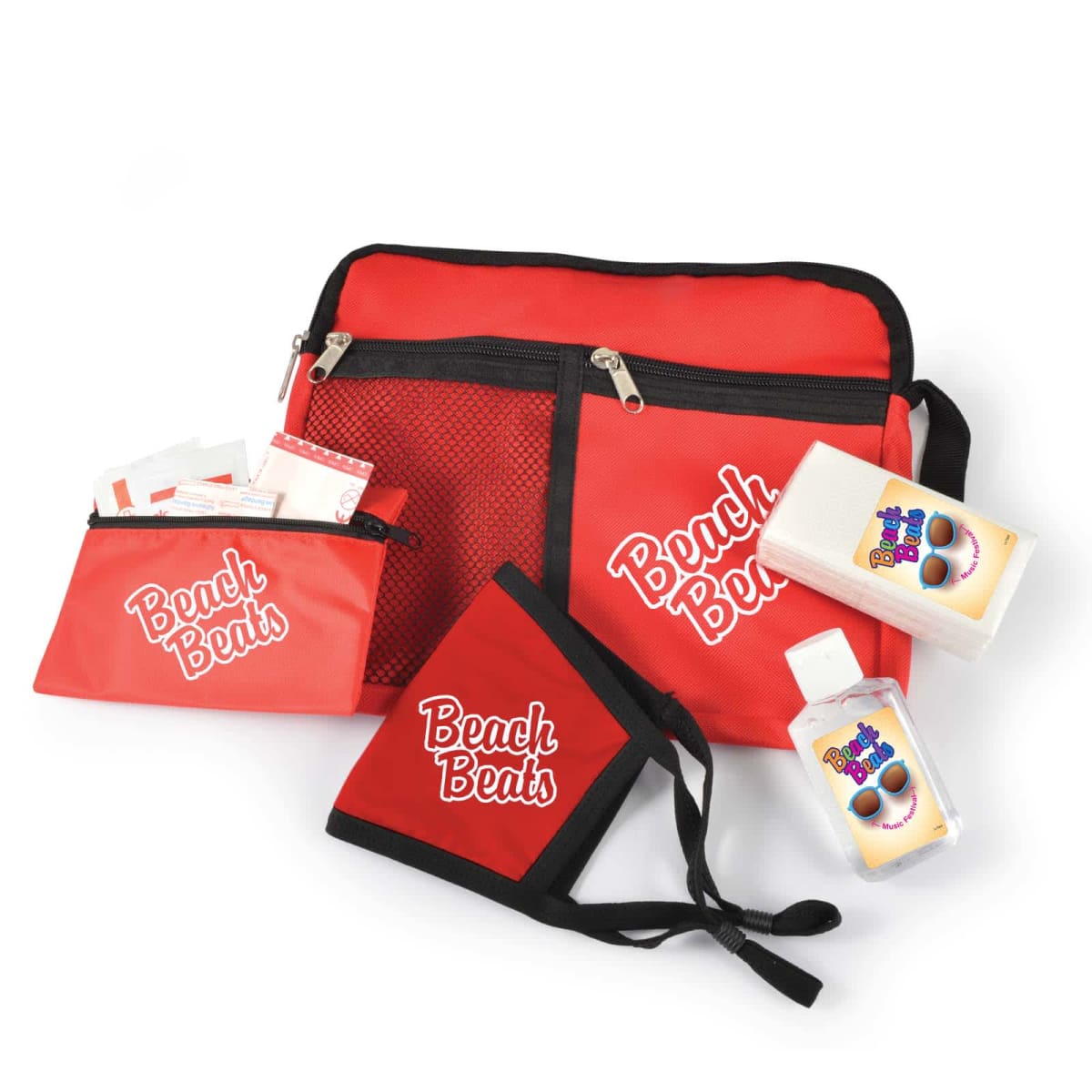 A red beach-themed bag with Beach Beats written on it, containing a small pouch, a drink koozie, a mini hand sanitizer bottle, and a pack of tissues with colorful beach ball graphics.