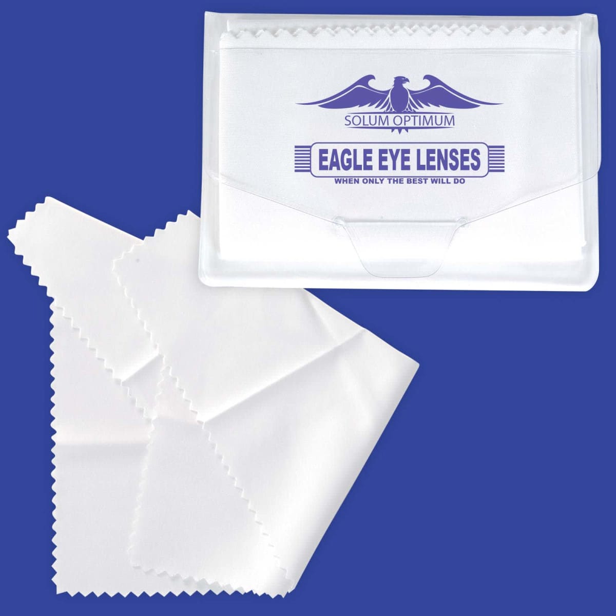 Clear plastic case labeled Eagle Eye Lenses with a folded white microfiber cleaning cloth next to it, on a blue background.