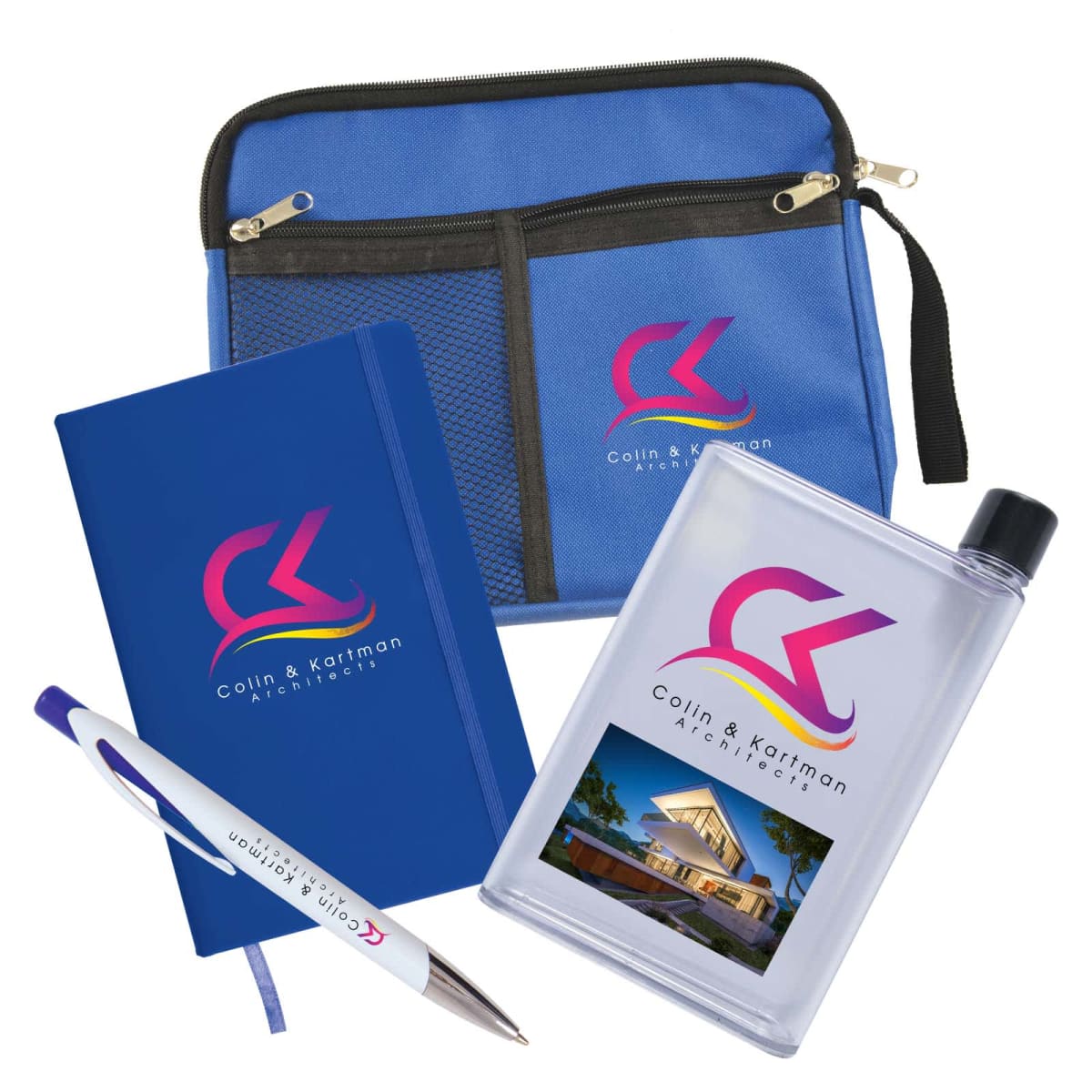 A blue bag with a logo contains a blue notebook, a pen, and a flat water bottle featuring the same logo and a building image. The items are arranged against a white background.