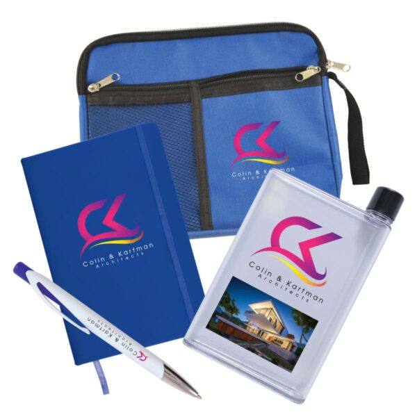 A blue branded pouch contains a notebook, a flat water bottle, and a pen. Each item displays the logo and name Collin & Kartman Architects in vibrant colors. The bottle features a photo of a modern building.