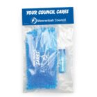 Clear plastic bag with blue lid labeled Your Council Cares and Mooranbah Council. Inside, there’s a blue gel bead eye mask and a lip balm.