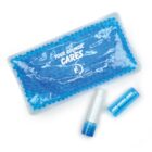 A transparent bag filled with blue gel beads, labeled YOUR COUNCIL CARES, beside a blue lip balm tube. Both items display the Moasaarah Council logo, featuring a circular symbol with a hand inside.