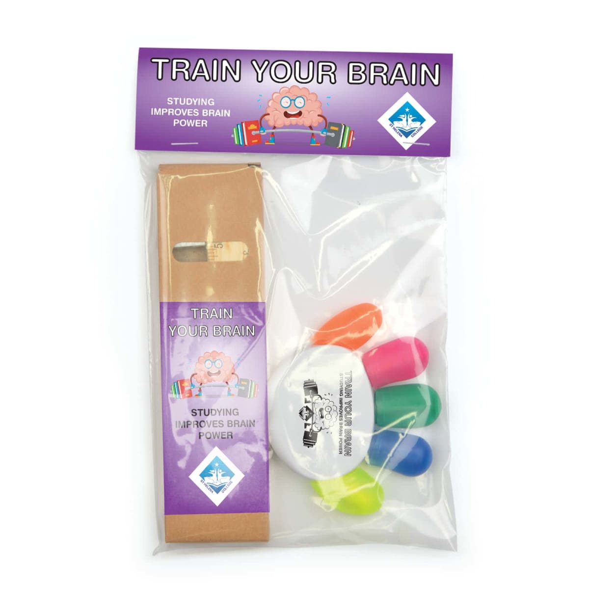 A packaged Train Your Brain set containing a wooden pencil and a white fidget spinner with colorful tips. The package header features a cartoon brain lifting weights with the text Studying Improves Brain Power.