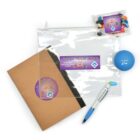 A clear zip pouch labeled Train Your Brain contains a notebook, a branded pen, a blue stress ball, and a small bag of jelly beans. The items are arranged on a white background.