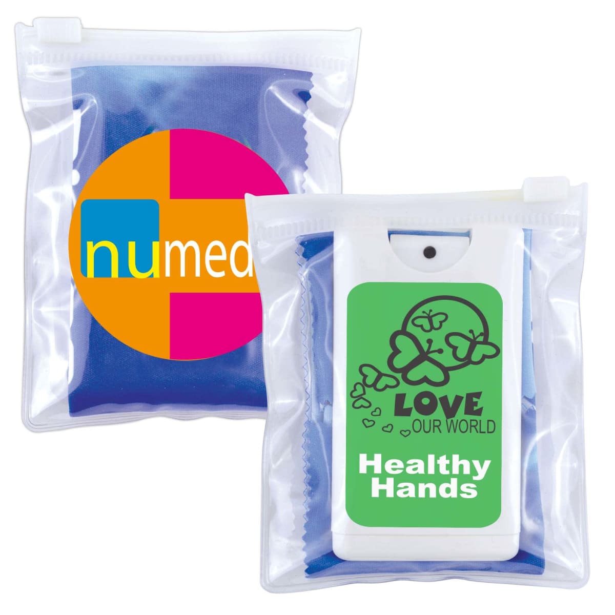 Two hygiene kits in clear pouches. The left pouch has a multicolored circle with numed. The right pouch contains a sanitizer spray with a green label reading Love Our World, Healthy Hands and heart graphics.